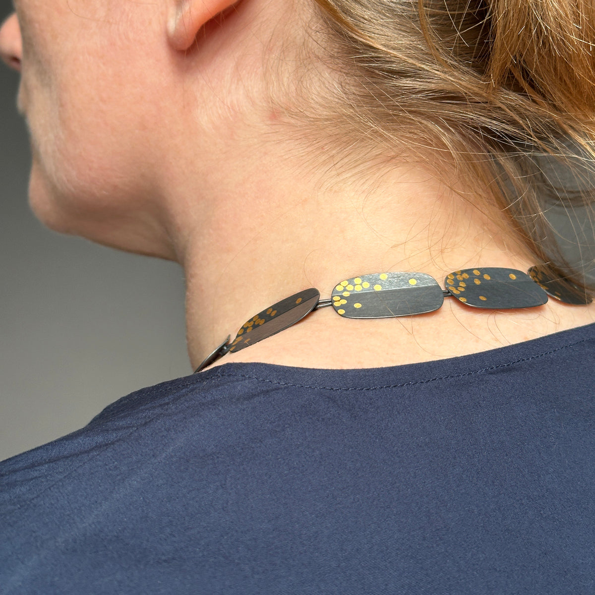 Oblong fold and dot necklace - oxidised