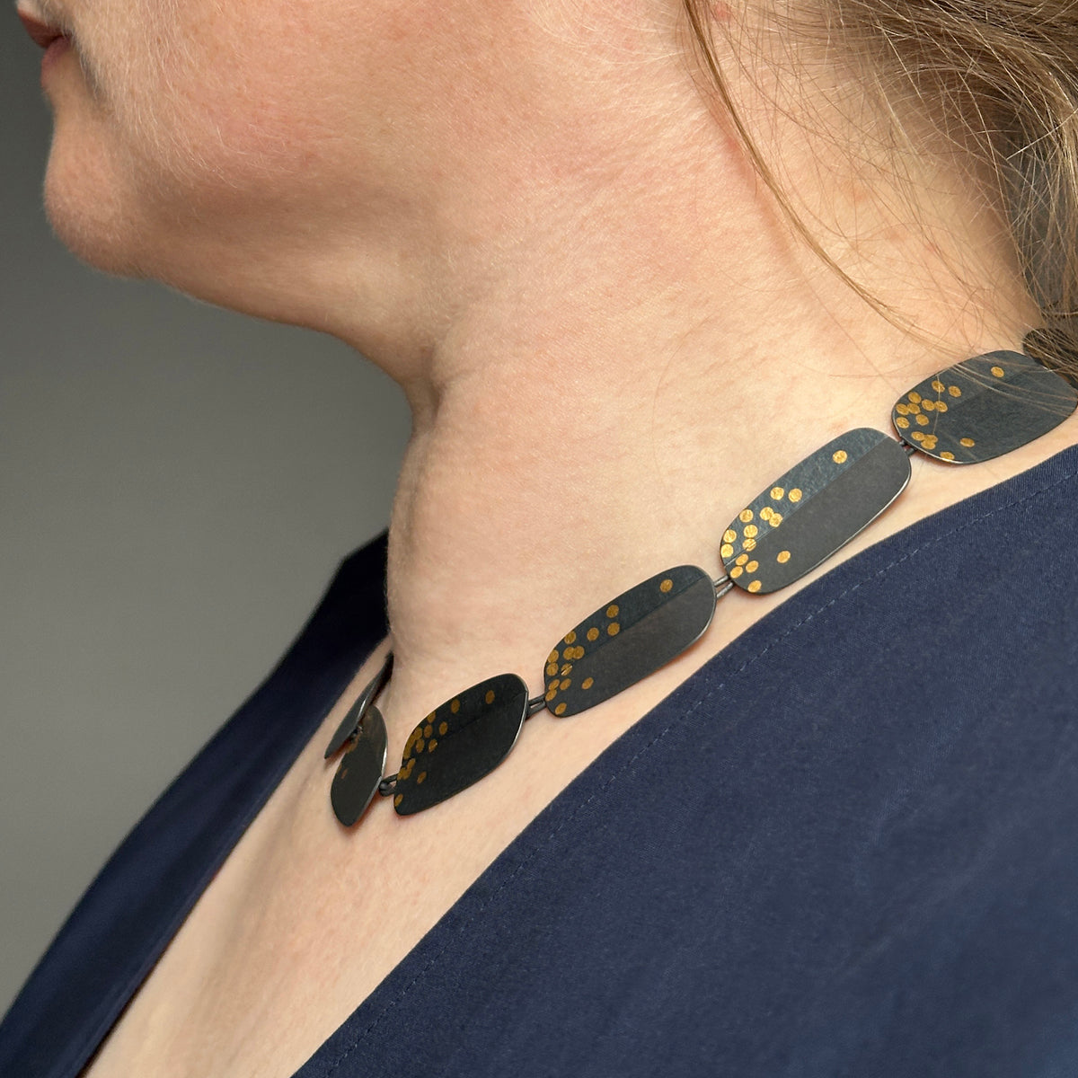 Oblong fold and dot necklace - oxidised