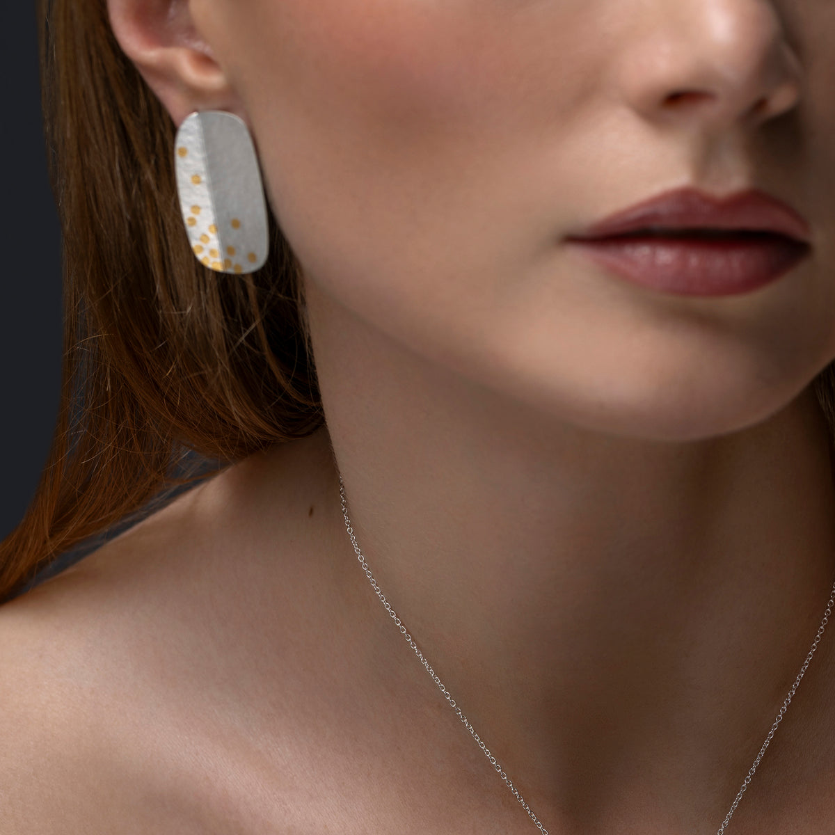 Oblong fold and dot earrings - silver