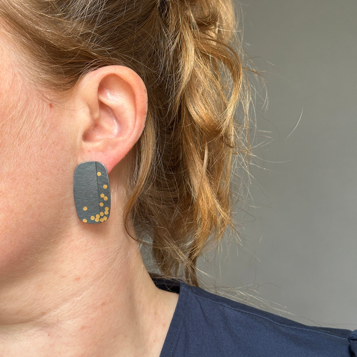 Oblong fold and dot earrings - oxidised silver