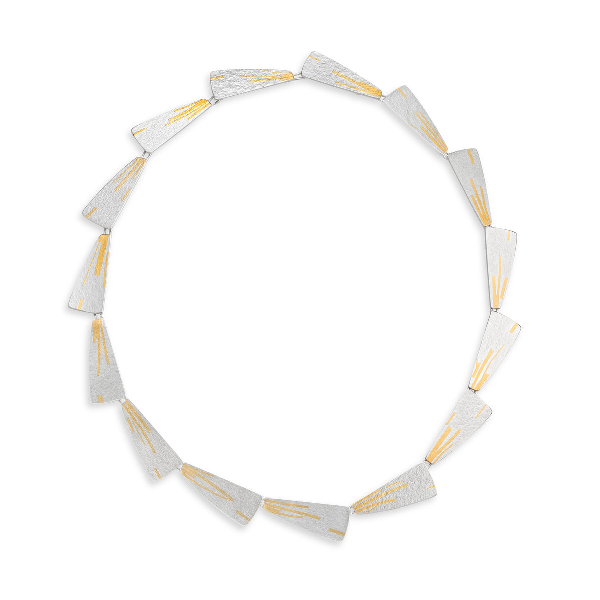 Flight necklace in sterling silver with gold keum boo linear details. Shown on a white background