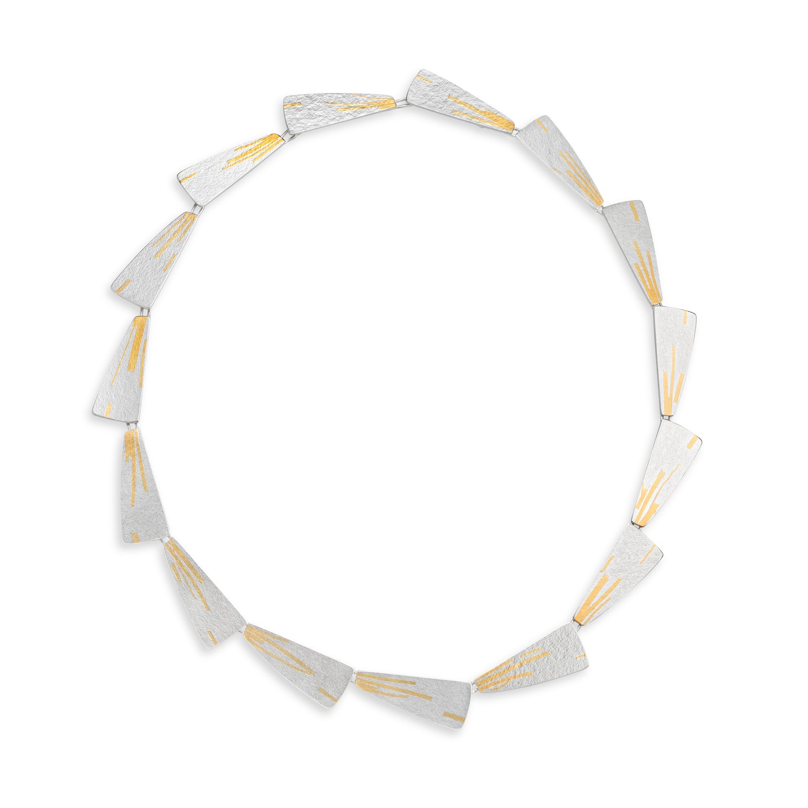 Flight necklace in sterling silver with gold keum boo linear details. Shown on a white background